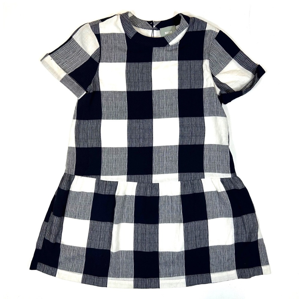 Maeve Anthropologie Navy White Buffalo Check Short Sleeve Drop Waist Dress XSP